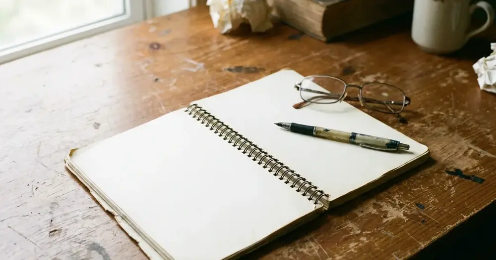 caderno espiral aberto com caneta e óculos sobre escrivaninha de madeira