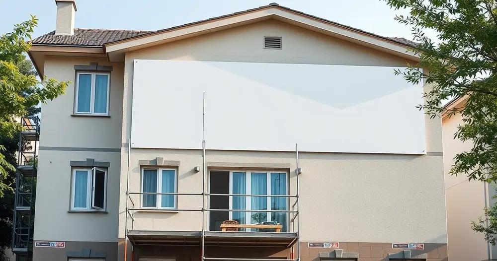 Obra residencial em fase de estrutura com andaimes montados