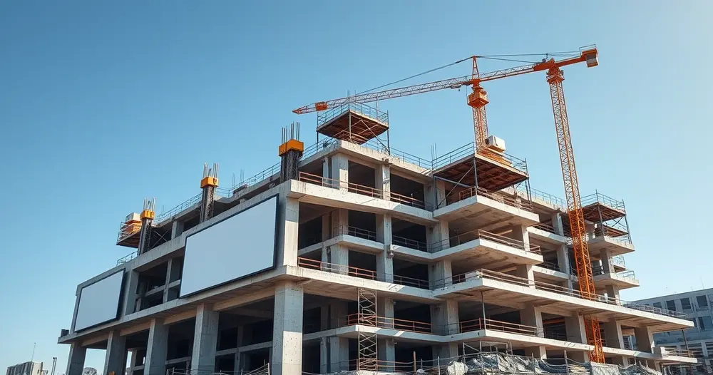 Canteiro de obras com estrutura de concreto e grua ao fundo
