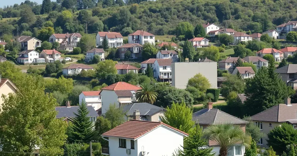 Vista de bairro residencial com casas e vegetação ao fundo