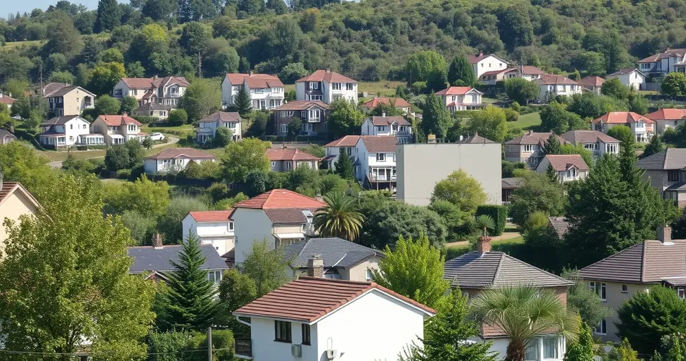 Vista de bairro residencial com casas e vegetação ao fundo