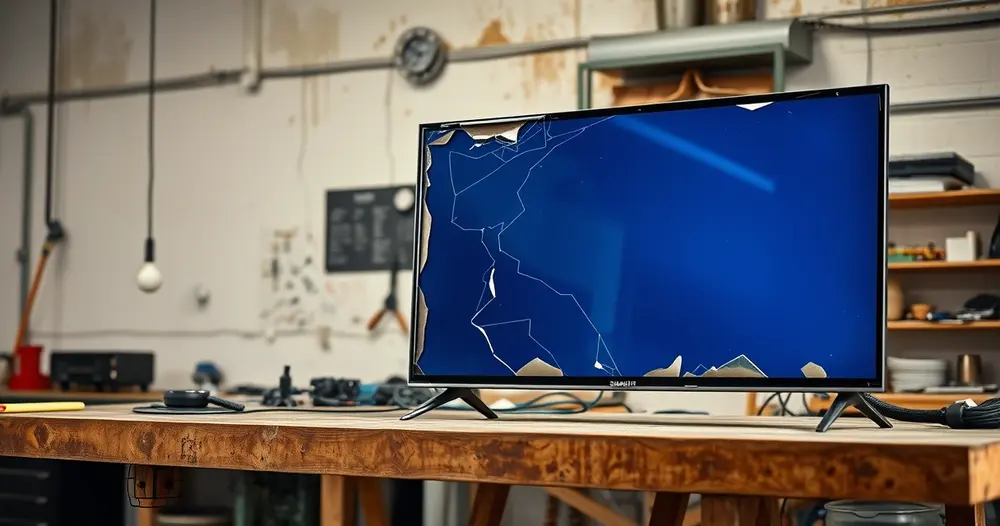 televisão smart desligada com tela danificada sobre bancada