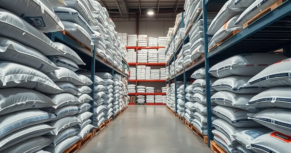 Corredor de loja de material de construção com sacos de cimento empilhados